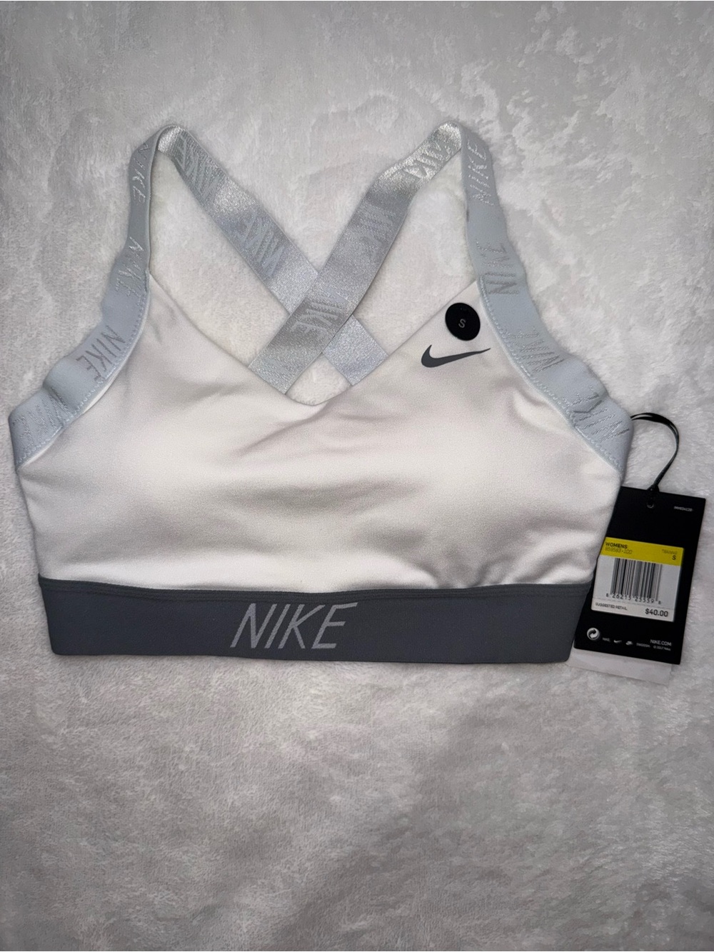 Nike White and Gray Cross-Back Logo Sports Bra